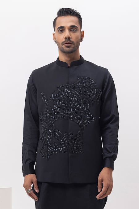 Shop_Kaka Calcutta_Black Cotton, Mukaish Embroidery Science Nehru Jacket With Kurta And Pant Set _Online_at_Aza_Fashions