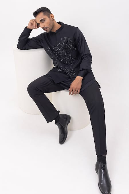 Kaka Calcutta_Black Cotton, Mukaish Embroidery Science Nehru Jacket With Kurta And Pant Set _at_Aza_Fashions
