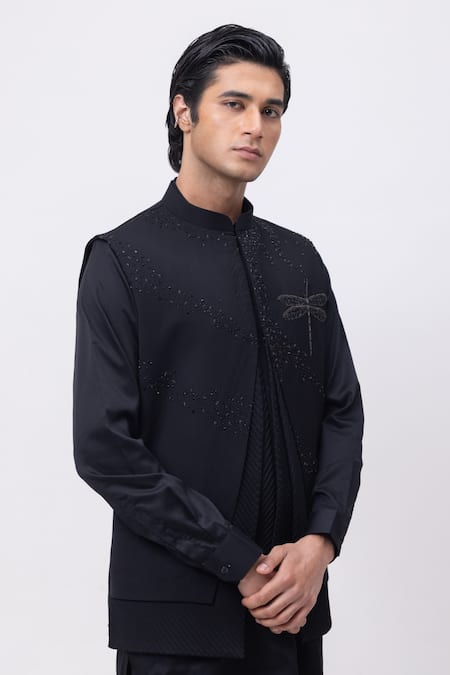 Kaka Calcutta_Black Polyester Beads Firefly Trio Pintuck Nehru Jacket _Online_at_Aza_Fashions