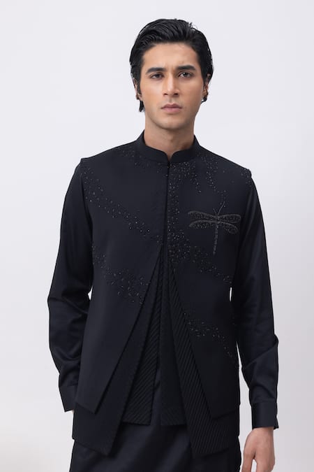 Kaka Calcutta Black Polyester Beads Firefly Trio Pintuck Nehru Jacket 
