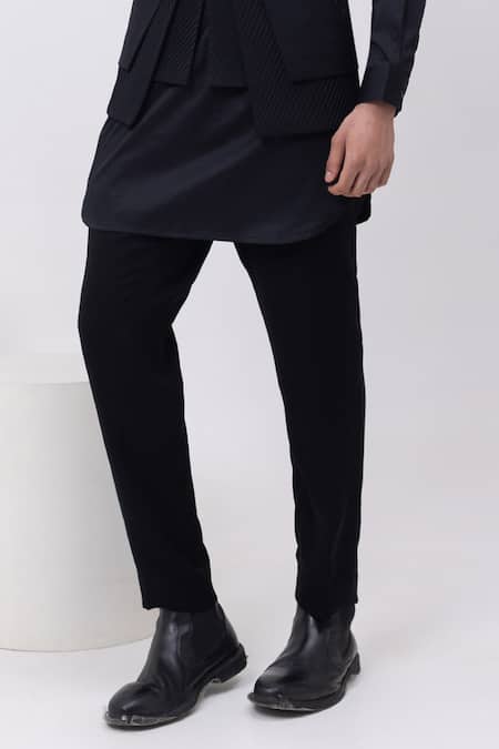 Kaka Calcutta_Black Cotton Embroidery Firefly Trio Pintuck Nehru Jacket With Kurta And Pant Set _Online_at_Aza_Fashions