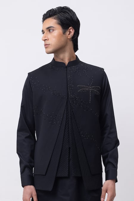 Buy_Kaka Calcutta_Black Cotton Embroidery Firefly Trio Pintuck Nehru Jacket With Kurta And Pant Set _Online_at_Aza_Fashions