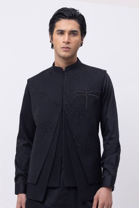 Shop_Kaka Calcutta_Black Cotton Embroidery Firefly Trio Pintuck Nehru Jacket With Kurta And Pant Set _Online_at_Aza_Fashions