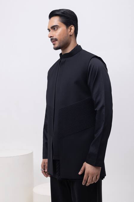 Kaka Calcutta_Black Pintuck Panel Nehru Jacket _Online_at_Aza_Fashions