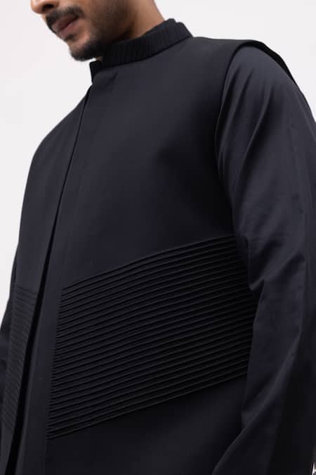 Buy_Kaka Calcutta_Black Pintuck Panel Nehru Jacket _Online_at_Aza_Fashions