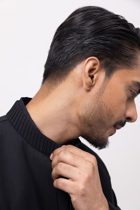 Buy_Kaka Calcutta_Black Cotton Pintuck Panel Nehru Jacket With Kurta And Pant Set _Online_at_Aza_Fashions