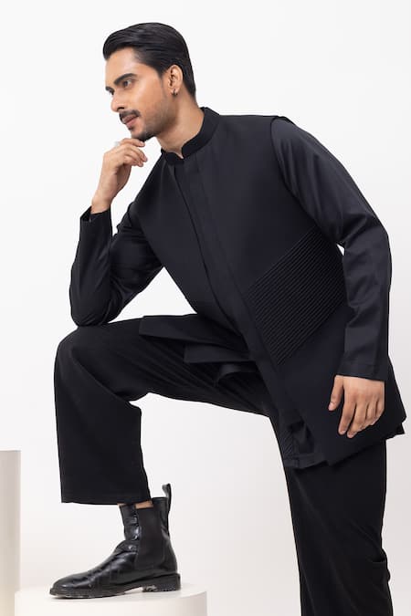 Shop_Kaka Calcutta_Black Cotton Pintuck Panel Nehru Jacket With Kurta And Pant Set _Online_at_Aza_Fashions