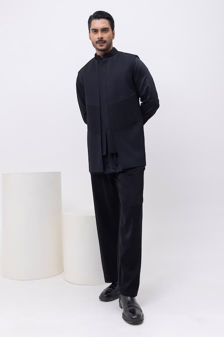 Kaka Calcutta_Black Cotton Pintuck Panel Nehru Jacket With Kurta And Pant Set _at_Aza_Fashions