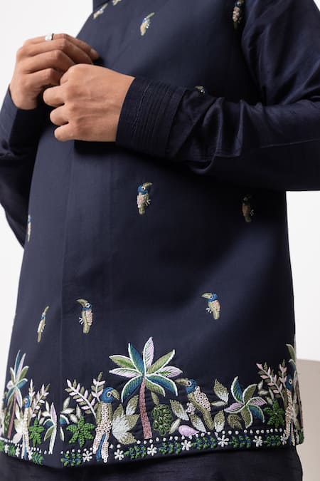 Kaka Calcutta_Navy Cotton Embroidery Macow Nehru Jacket _Online_at_Aza_Fashions