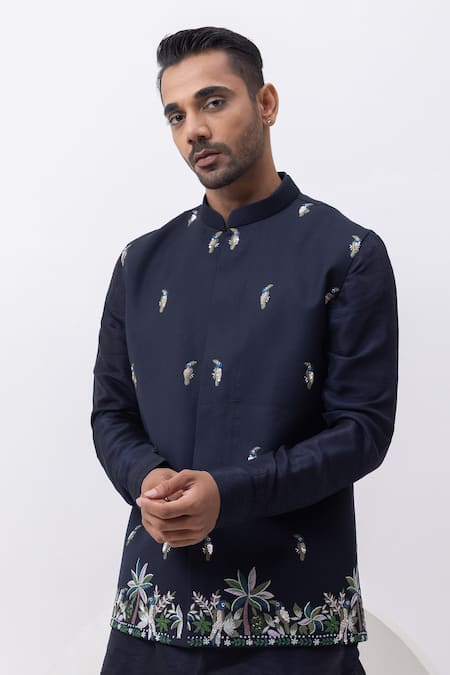 Buy_Kaka Calcutta_Navy Cotton Embroidery Macow Nehru Jacket _Online_at_Aza_Fashions