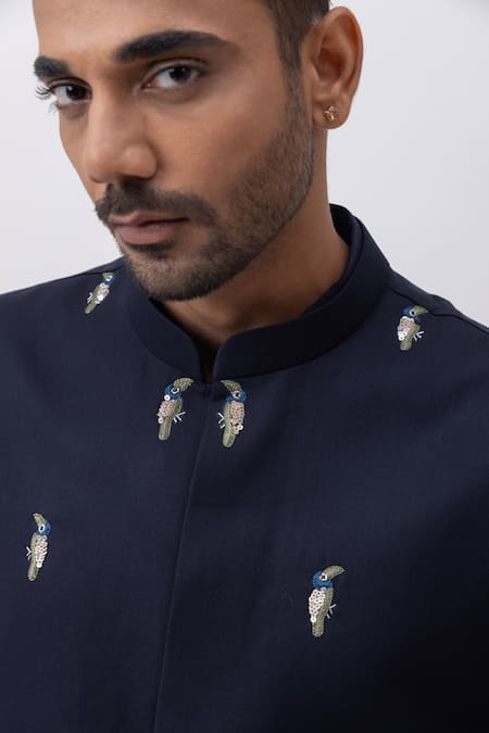 Kaka Calcutta_Navy Bamboo, Silk, Mukaish Embroidery Macow Nehru Jacket With Kurta And Pant Set _Online_at_Aza_Fashions