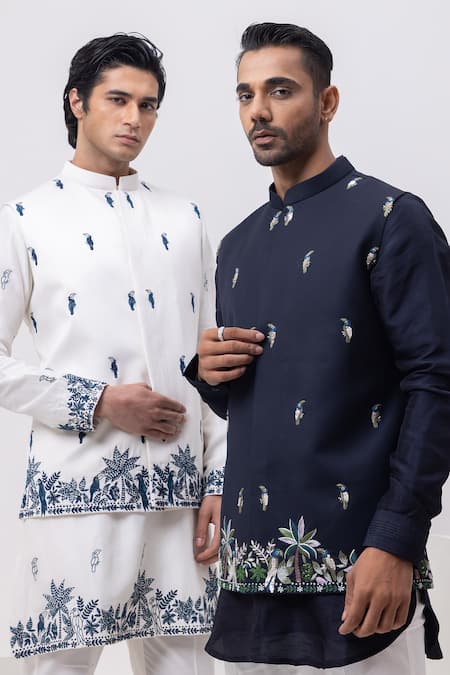 Buy_Kaka Calcutta_Navy Bamboo, Silk, Mukaish Embroidery Macow Nehru Jacket With Kurta And Pant Set _Online_at_Aza_Fashions