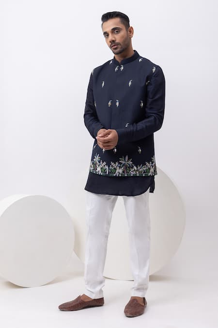 Kaka Calcutta_Navy Bamboo, Silk, Mukaish Embroidery Macow Nehru Jacket With Kurta And Pant Set _at_Aza_Fashions
