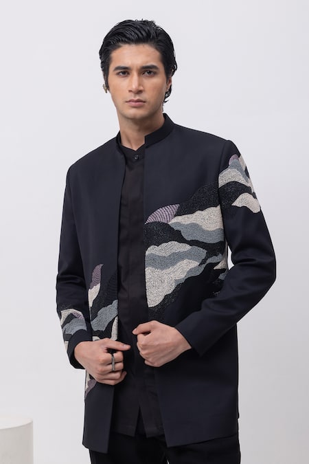 Kaka Calcutta_Black Cotton Embroidery Water Open Jacket Kurta Set With Trousers _at_Aza_Fashions