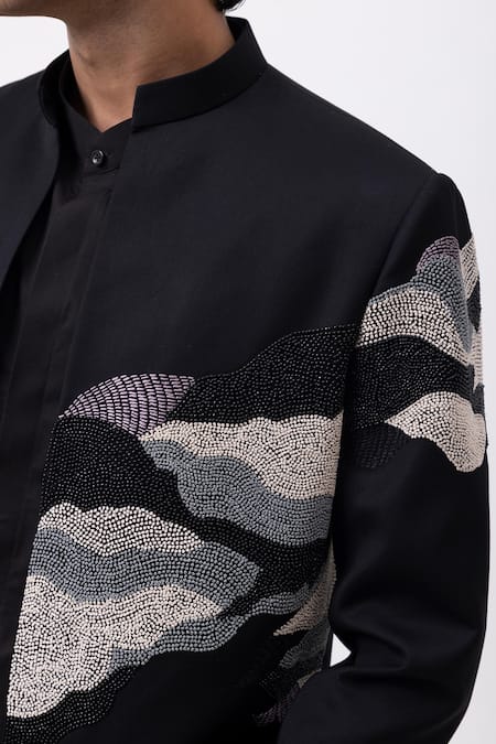 Buy_Kaka Calcutta_Black Cotton Embroidery Water Open Jacket Kurta Set With Trousers 