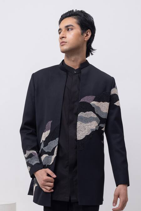 Shop_Kaka Calcutta_Black Cotton Embroidery Water Open Jacket Kurta Set With Trousers 