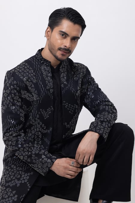 Kaka Calcutta Black Cotton Embroidery Metallic Midnight Sherwani Jacket Set Online at Aza Fashions Kaka Calcutta_Black Cotton Embroidery Metallic Midnight Sherwani Jacket Set _Online_at_Aza_Fashions