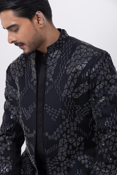 Shop Kaka Calcutta Black Cotton Embroidery Metallic Midnight Sherwani Jacket Set Online at Aza Fashions Shop_Kaka Calcutta_Black Cotton Embroidery Metallic Midnight Sherwani Jacket Set _Online_at_Aza_Fashions