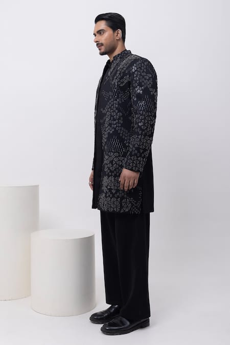 Shop Kaka Calcutta Black Cotton Embroidery Metallic Midnight Sherwani Jacket Set Shop_Kaka Calcutta_Black Cotton Embroidery Metallic Midnight Sherwani Jacket Set