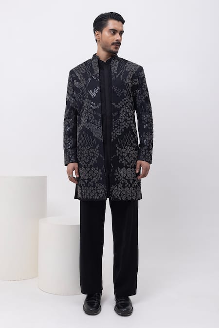 Kaka Calcutta Black Cotton Embroidery Metallic Midnight Sherwani Jacket Set 