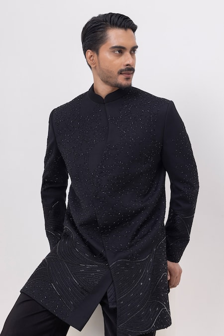 Kaka Calcutta_Black Beads Zardosi Work Bandhgala With Trousers _Online_at_Aza_Fashions