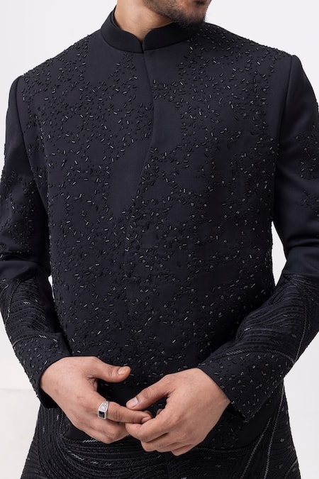 Kaka Calcutta_Black Beads Zardosi Work Bandhgala With Trousers _at_Aza_Fashions