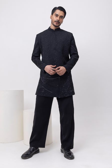 Kaka Calcutta Black Beads Zardosi Work Bandhgala With Trousers 