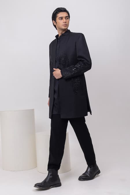 Buy Kaka Calcutta Black Cotton Sequins Cable Threads Sherwani Open Jacket Kurta Set Online at Aza Fashions Buy_Kaka Calcutta_Black Cotton Sequins Cable Threads Sherwani Open Jacket Kurta Set _Online_at_Aza_Fashions