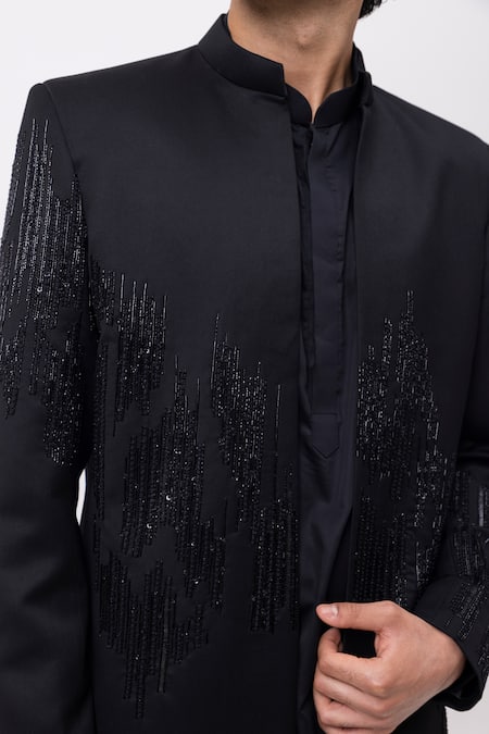 Shop Kaka Calcutta Black Cotton Sequins Cable Threads Sherwani Open Jacket Kurta Set Online at Aza Fashions Shop_Kaka Calcutta_Black Cotton Sequins Cable Threads Sherwani Open Jacket Kurta Set _Online_at_Aza_Fashions