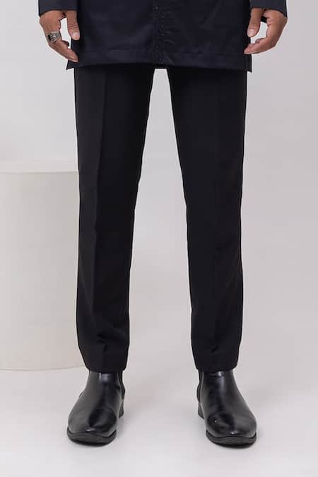 Kaka Calcutta_Black Cotton Embroidery Arrow Threads Short Open Jacket Trouser Set _Online_at_Aza_Fashions