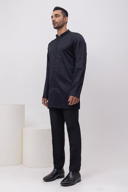 Buy_Kaka Calcutta_Black Cotton Embroidery Arrow Threads Short Open Jacket Trouser Set _Online_at_Aza_Fashions