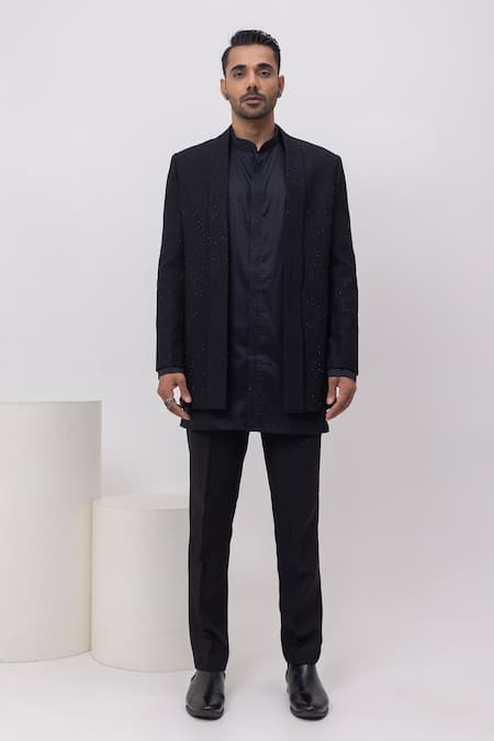 Kaka Calcutta Black Cotton Embroidery Arrow Threads Short Open Jacket Trouser Set 