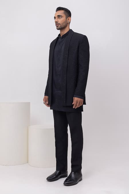 Shop_Kaka Calcutta_Black Cotton Embroidery Arrow Threads Short Open Jacket Trouser Set _Online_at_Aza_Fashions