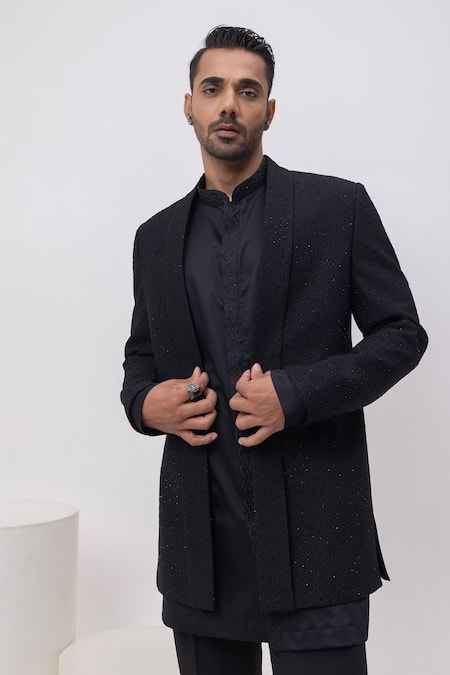 Kaka Calcutta_Black Cotton Embroidery Arrow Threads Short Open Jacket Trouser Set _at_Aza_Fashions