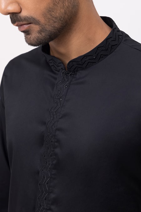 Buy_Kaka Calcutta_Black Cotton Embroidery Arrow Threads Short Open Jacket Trouser Set 