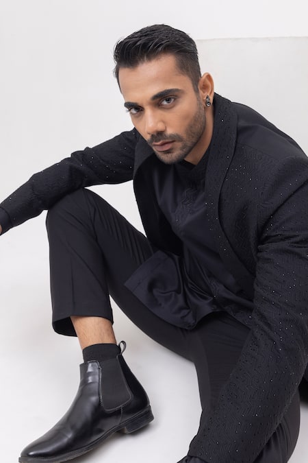 Shop_Kaka Calcutta_Black Cotton Embroidery Arrow Threads Short Open Jacket Trouser Set 