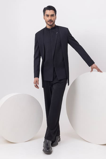 Kaka Calcutta Black Heavy Panel Pintuck Bandhgala With Trouser 