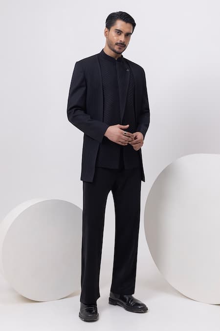 Buy_Kaka Calcutta_Black Heavy Panel Pintuck Bandhgala With Trouser _Online_at_Aza_Fashions