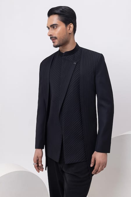 Shop_Kaka Calcutta_Black Heavy Panel Pintuck Bandhgala With Trouser _Online_at_Aza_Fashions