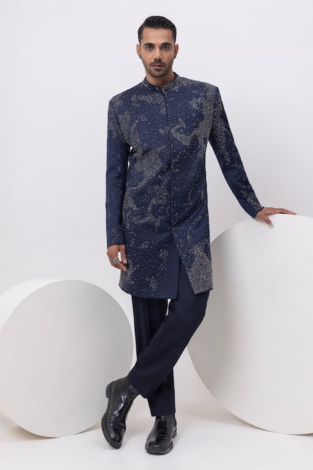 Kaka Calcutta Blue Beads Starry Night Long Achkan Sherwani And Trouser Set 