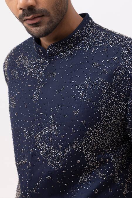 Kaka Calcutta_Blue Beads Starry Night Long Achkan Sherwani And Trouser Set _at_Aza_Fashions