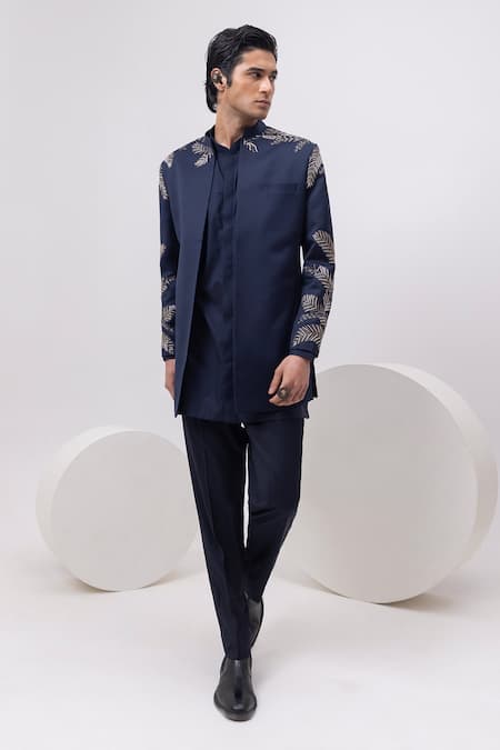 Kaka Calcutta Blue Cotton Embroidery Leaf Silver Short Open Jacket With Kurta And Trouser Set 