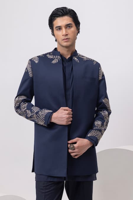 Kaka Calcutta_Blue Cotton Embroidery Leaf Silver Short Open Jacket With Kurta And Trouser Set _Online_at_Aza_Fashions