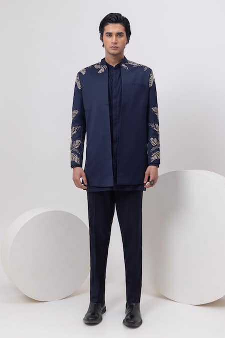 Kaka Calcutta Leaf Silver Short Open Jacket With Kurta And Trouser Set 