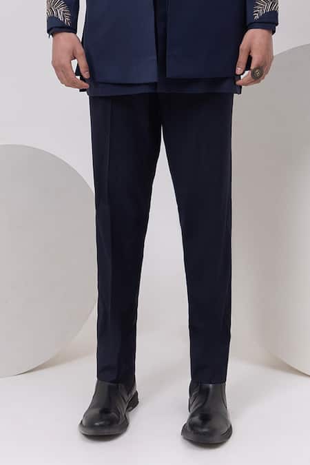 Buy_Kaka Calcutta_Blue Cotton Embroidery Leaf Silver Short Open Jacket With Kurta And Trouser Set _Online_at_Aza_Fashions