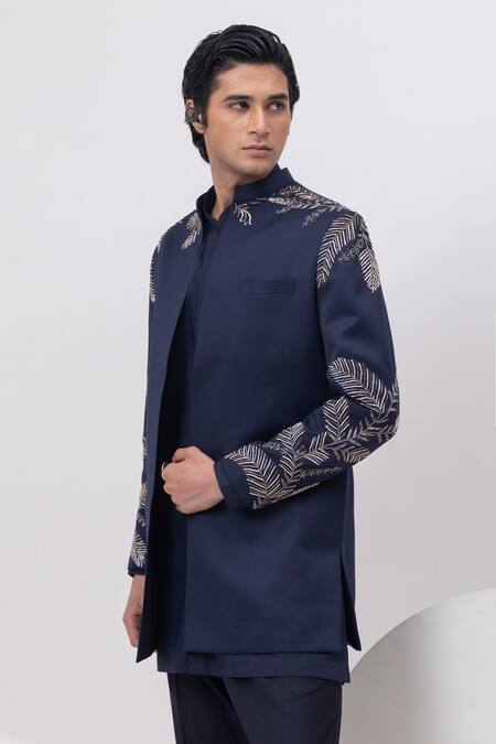 Shop_Kaka Calcutta_Blue Cotton Embroidery Leaf Silver Short Open Jacket With Kurta And Trouser Set _Online_at_Aza_Fashions