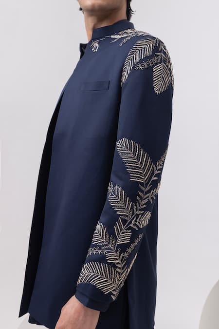 Kaka Calcutta_Blue Cotton Embroidery Leaf Silver Short Open Jacket With Kurta And Trouser Set _at_Aza_Fashions