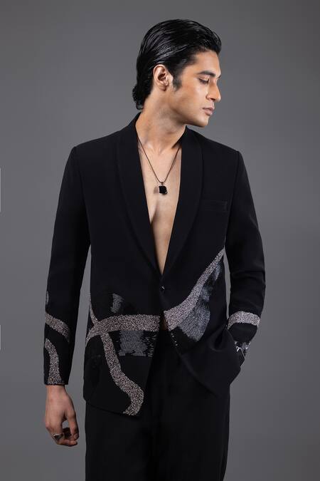 Buy_Kaka Calcutta_Black Embroidery Roots Tuxedo And Pant Set _Online_at_Aza_Fashions