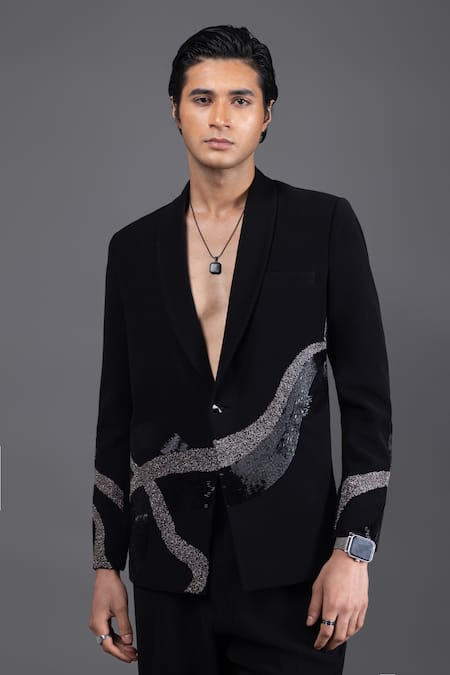 Shop_Kaka Calcutta_Black Embroidery Roots Tuxedo And Pant Set _Online_at_Aza_Fashions