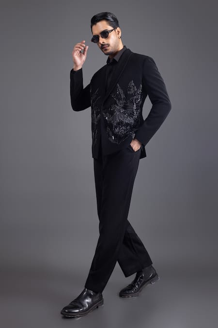 Shop_Kaka Calcutta_Black Wool Embroidery Parrot Tuxedo And Pant Set _Online_at_Aza_Fashions